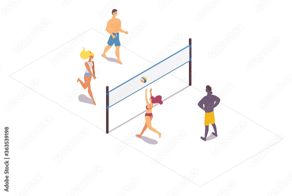 Isometric beach volleyball people moving and playing. Isolated on white 3d scene with young men and women jumping for ball near net