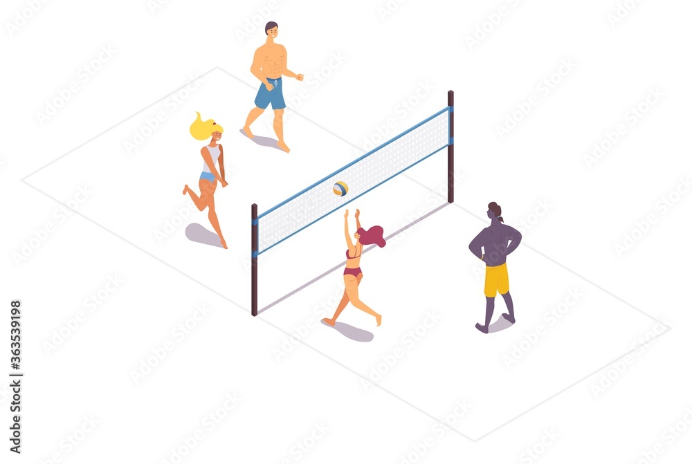 Isometric beach volleyball people moving and playing. Isolated on white 3d scene with young men and women jumping for ball near net Isometric beach volleyball people moving and playing. Isolated on white 3d scene with young men and women jumping for ball near net
