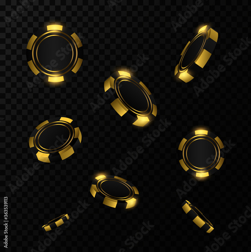 Realistic Gold coins explosion. Gold casino poker chips flying in front 