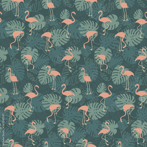 seamless repeat pink green monstera flamingos hand drawn pattern