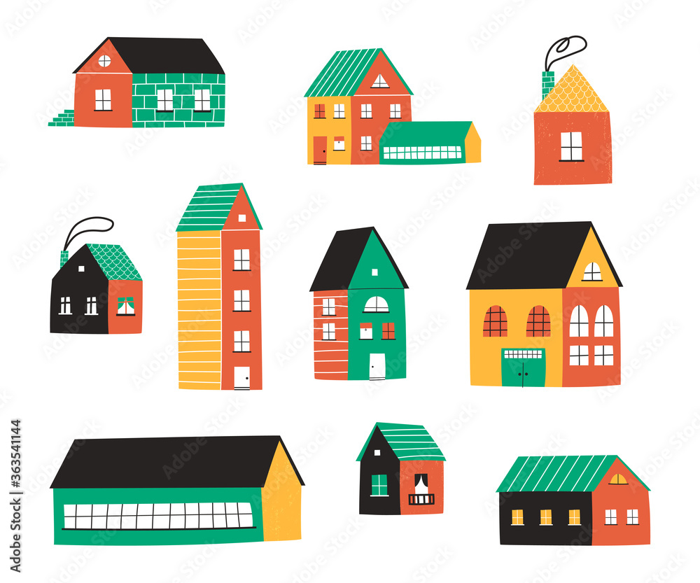 A large set of different houses, buildings, a barn, a school building. Flat Vector illustration of houses, Logo, stickers, printing