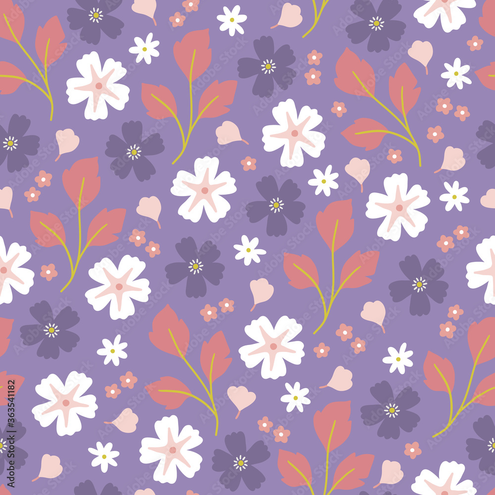 Floral seamless pattern with different flowers and branches