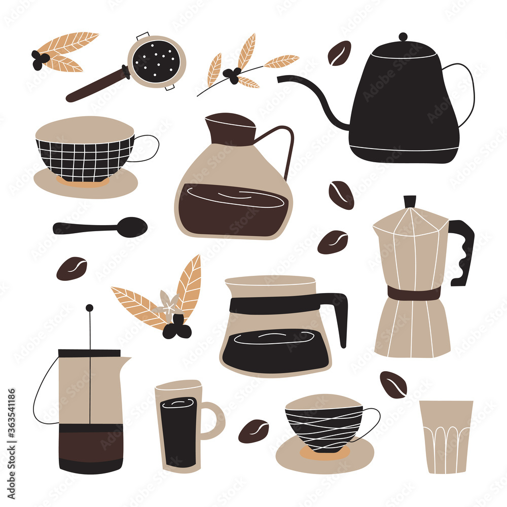 A set of coffee-themed items. Cups, teapots for making coffee, coffee  beans, French press, glass, goosneck teapot. Vector illustration for a  coffee shop. Items isolated on a white background Stock Vector