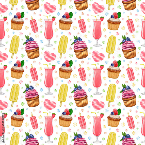 Watercolor seamless pattern. Sweets and hearts. Cocktail, cupcakes, ice cream on white. Hand drawn holiday background for design print, greeting card, invitation, wrapping paper, textile, scrapbooking
