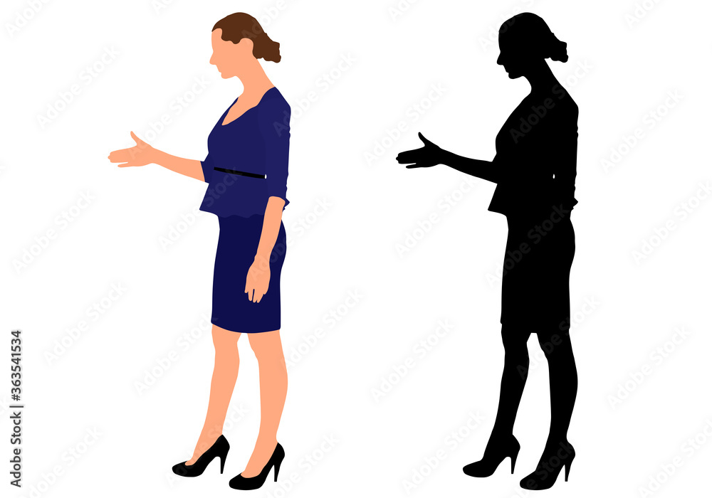 Businesswoman held out her hand for handshake, silhouette. Vector illustration