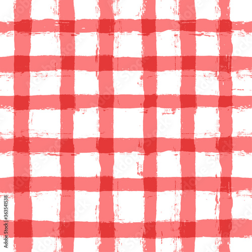 Gingham seamless pattern. Red watercolor table cloths, painted tartan. brush strokes texture for plaid. vector checkered summer picnic print