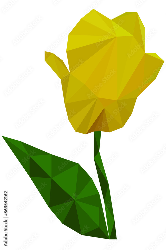 Yellow tulip is drawn by triangles, low poly tulip