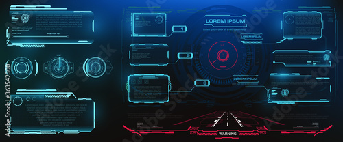 HUD, UI, GUI futuristic frame user interface screen elements set. Set of futuristic vector pop-up screens with information. Holographic screens with frame for video games