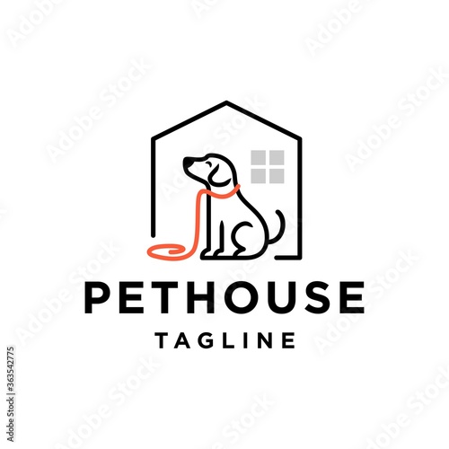 pet house logo design illustration with sitting dog wearing lash outline line icon