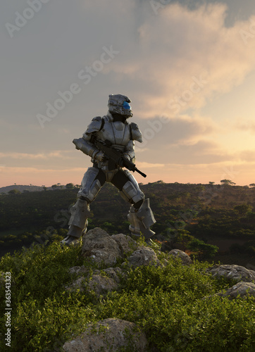 Foto Science fiction of a futuristic sci-fi space marine scout standing on a rocky h