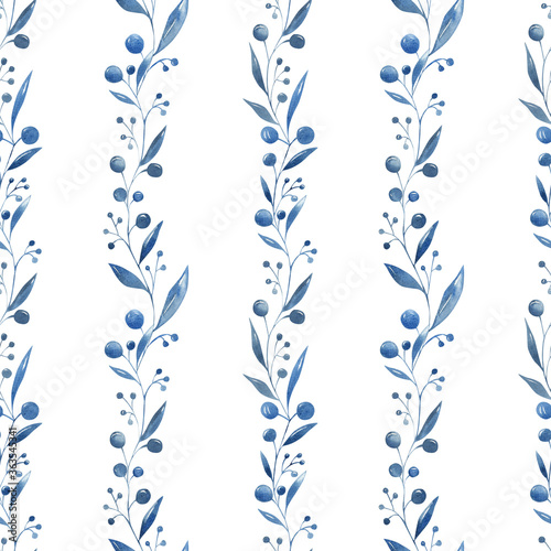 blue flowers, stripes abstract pattern, endless pattern, seamless watercolor illustration on white background
