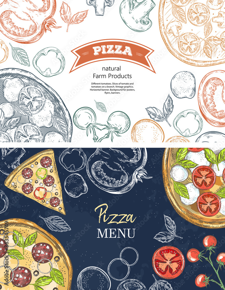 Horizontal banners with pizza and pizza ingredients. Basil, champignons, tomatoes, mozzarella, onions, paprika.