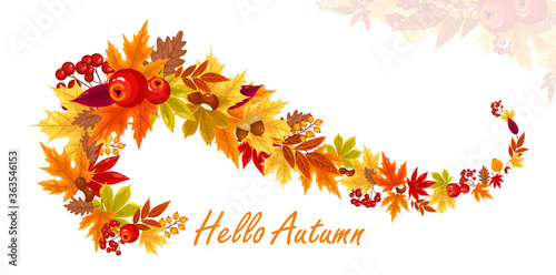 Vector illustration of colorful autumn fall leaves and berries. Forest design elements with oak, apples, maple, ginko, ash, chestnut, poplar, acorn.