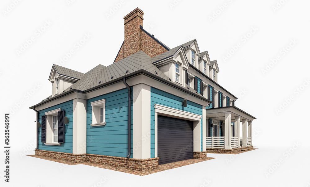 3d rendering of modern cozy classic house in colonial style with garage and pool for sale or rent. Isolated on white. 3d rendering of modern cozy classic house in colonial style with garage and pool for sale or rent. Isolated on white.