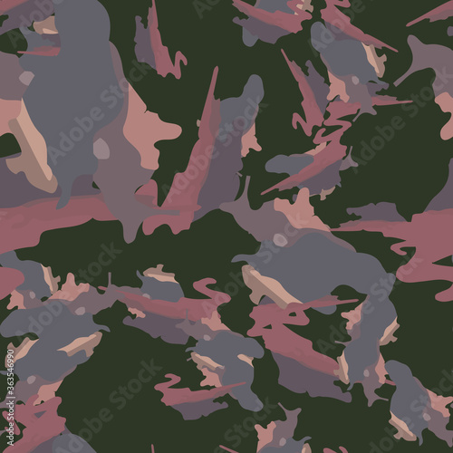 Urban camouflage of various shades of pink, green and violet colors