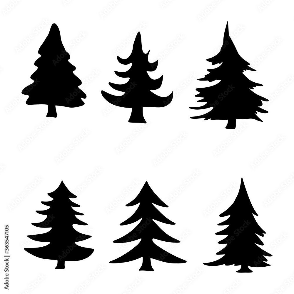 Fototapeta premium Isolated Pine on the white background.Pine silhouettes. Tree hand drawn.Vector EPS 10.