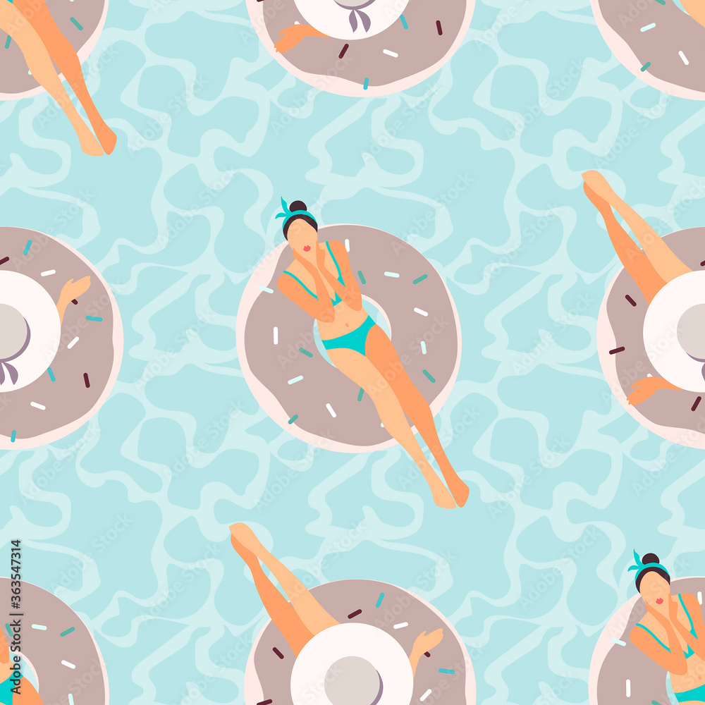 Seamless pattern with beautiful girls in pool. 