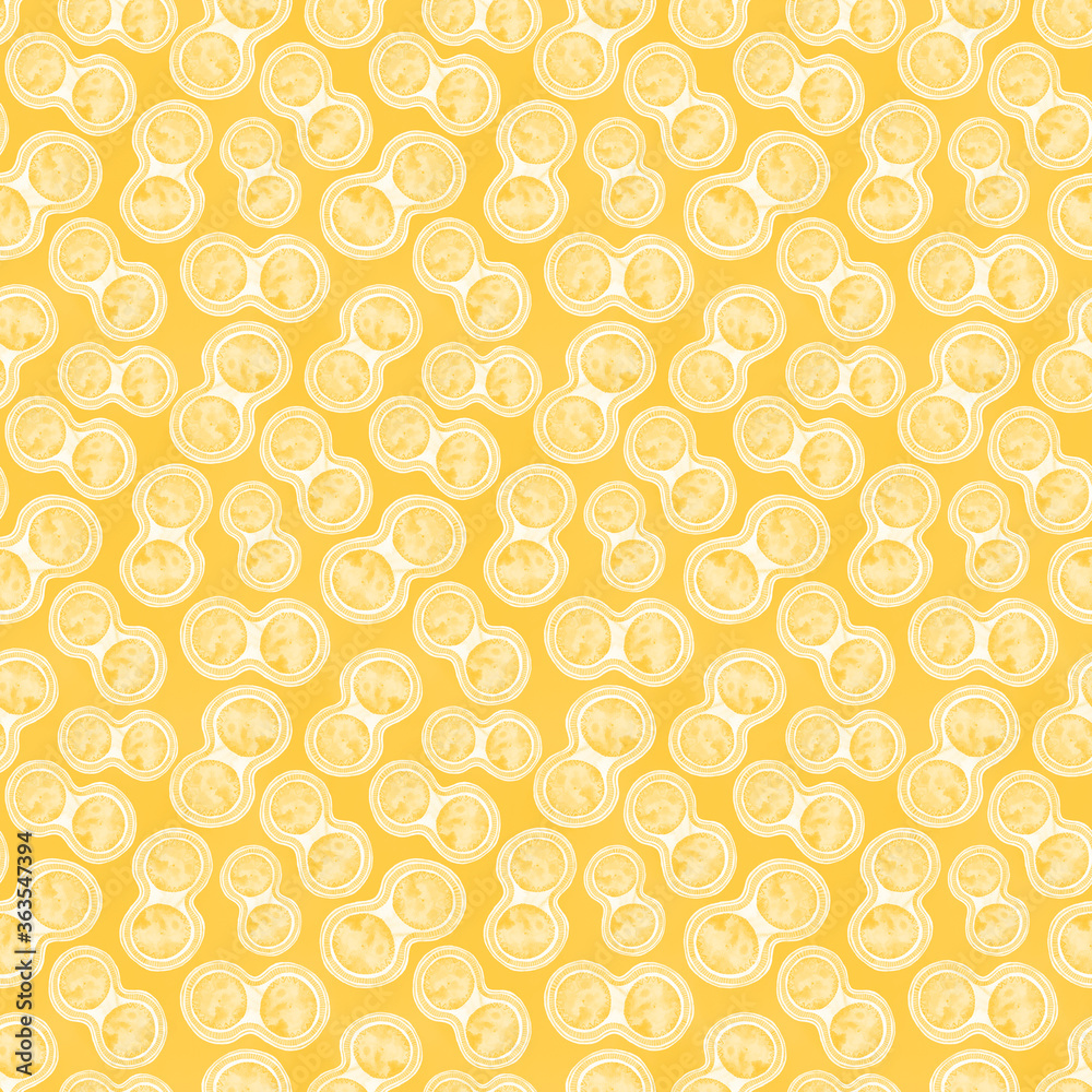 Watercolor seamless pattern with a circles in yellow color palette. Abstract raster texture. Science background.