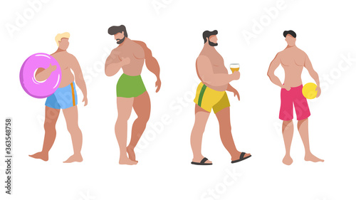 Trendy flat style men on the beach set. Chubby, sport guys in swim suits. Holding bear, ball, posing, walking. Vector illustration isolated on white.