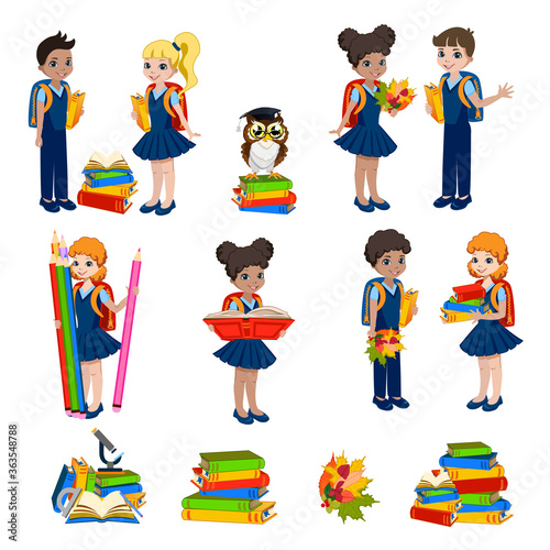 Schoolchildren with backpacks and a book go to school. A collection of images of children of different nationalities. Education. Set vector illustration on a white background.
