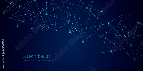 Abstract technology Network nodes with polygonal shapes on dark blue Vector background. Connection science and futuristic technology, digital structure, connected points, web.
