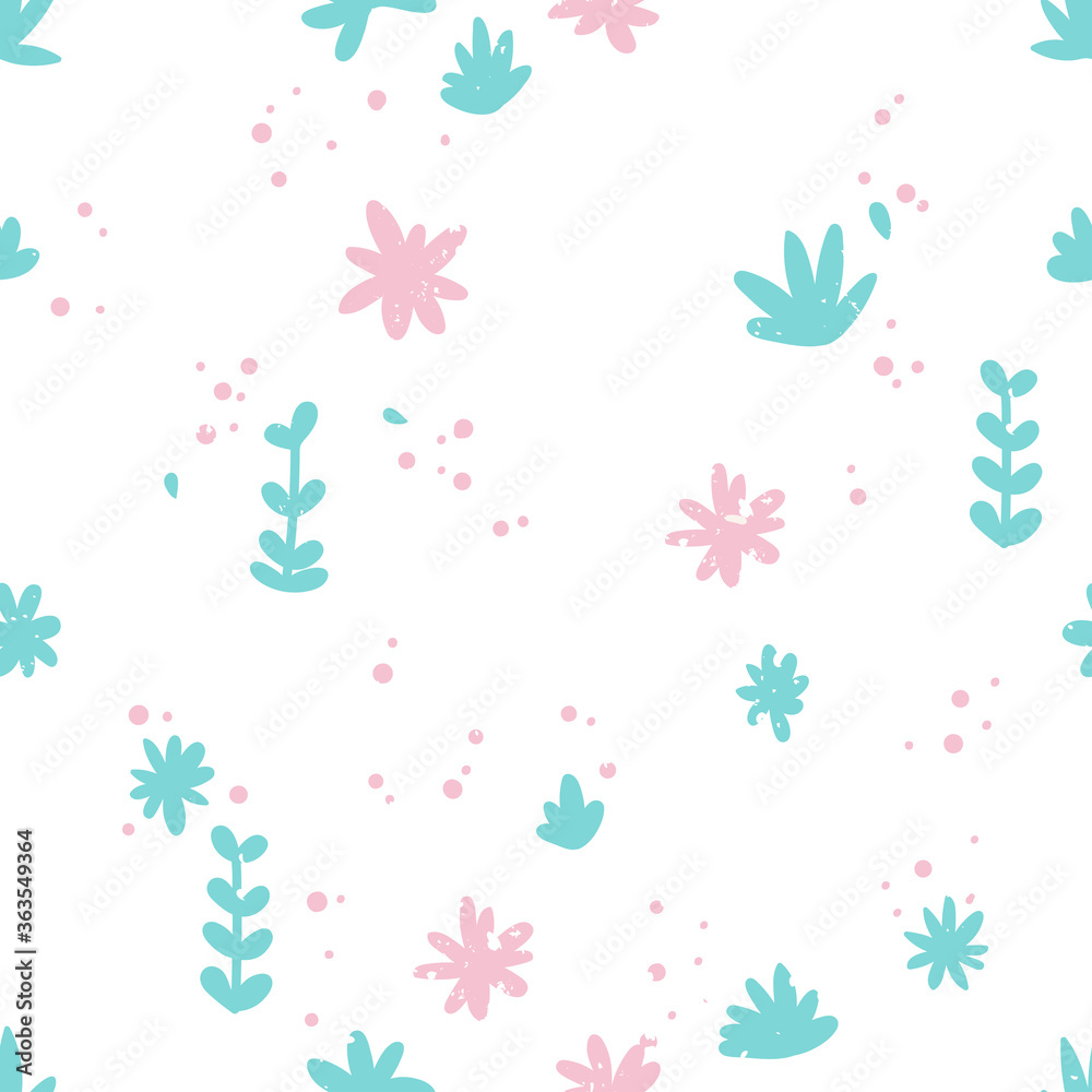 Simple pattern with flowers and leaves. Small pink flowers and blue leaves and twigs. For backgrounds, packaging, textile and various other designs.
