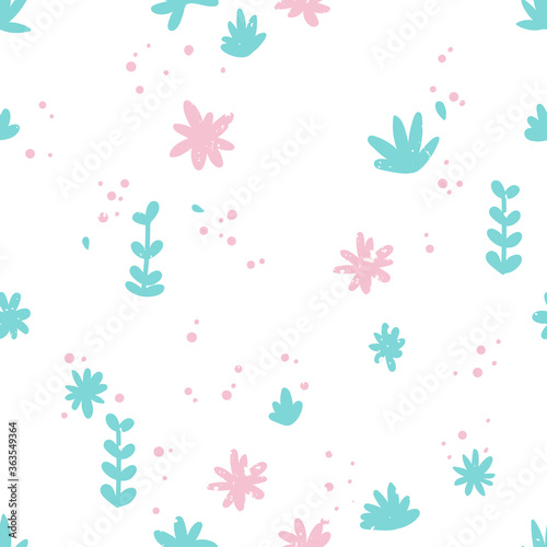 Simple pattern with flowers and leaves. Small pink flowers and blue leaves and twigs. For backgrounds, packaging, textile and various other designs.