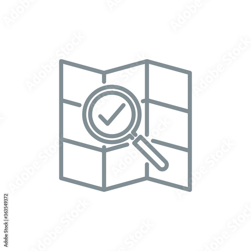 pointer cursor with magnifier glass outline flat icon map. Single quality outline logo search symbol for web design mobile app. Thin line design location marker logo. Loupe lens icon isolated on white