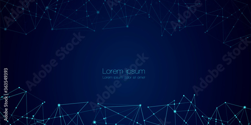 Abstract technology Network nodes with polygonal shapes on dark blue Vector background. Connection science and futuristic technology, digital structure, connected points, web.