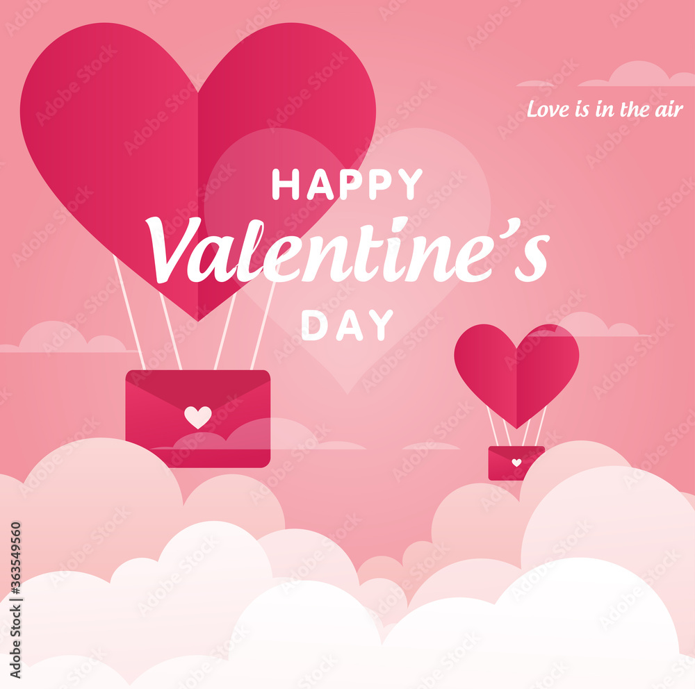 Happy Valentine's Day and wedding design for background, love card, greeting card, banner, design set. Vector illustration with hearts, air balloon, love, clouds, confetti. Romantic pink postcard.