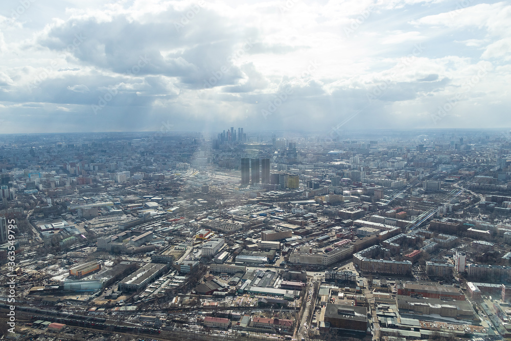 Russia, Moscow, 2019: view from the Ostankino TV tower to the city panorama, Moscow City and the Dmitrovskaya metro station