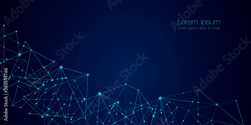 Abstract technology Network nodes with polygonal shapes on dark blue Vector background. Connection science and futuristic technology, digital structure, connected points, web.