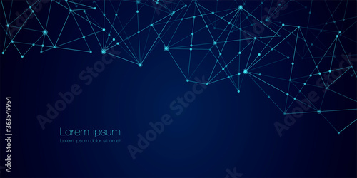 Abstract technology Network nodes with polygonal shapes on dark blue Vector background. Connection science and futuristic technology, digital structure, connected points, web.