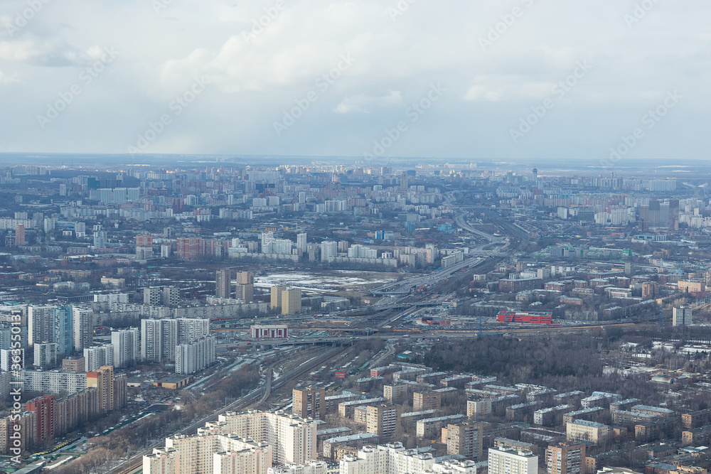 Fototapeta premium Russia, Moscow, 2019: view from the Ostankino TV tower to the city panorama