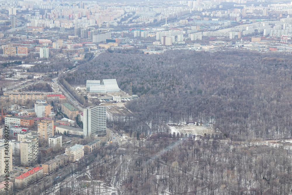 Russia, Moscow, 2019: view from the Ostankino TV tower to the panorama of the city and a large park
