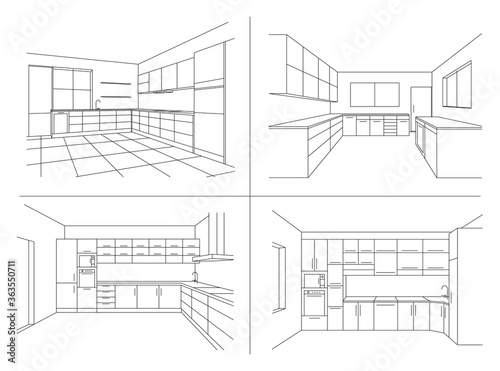 KITCHEN INTERIOR SKETCHES. Line vector illustration of modern kitchen with furniture. Perspective sketch draw plan interior. Modular kitchen system on white background.