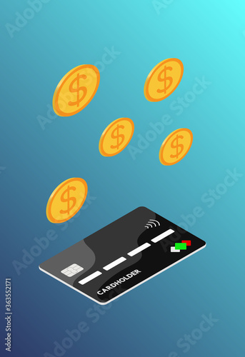 Concept, deposit, depositing money to a bank card, savings account, savings. Vector isometric illustration of coins and bank card. On a dark blue background.