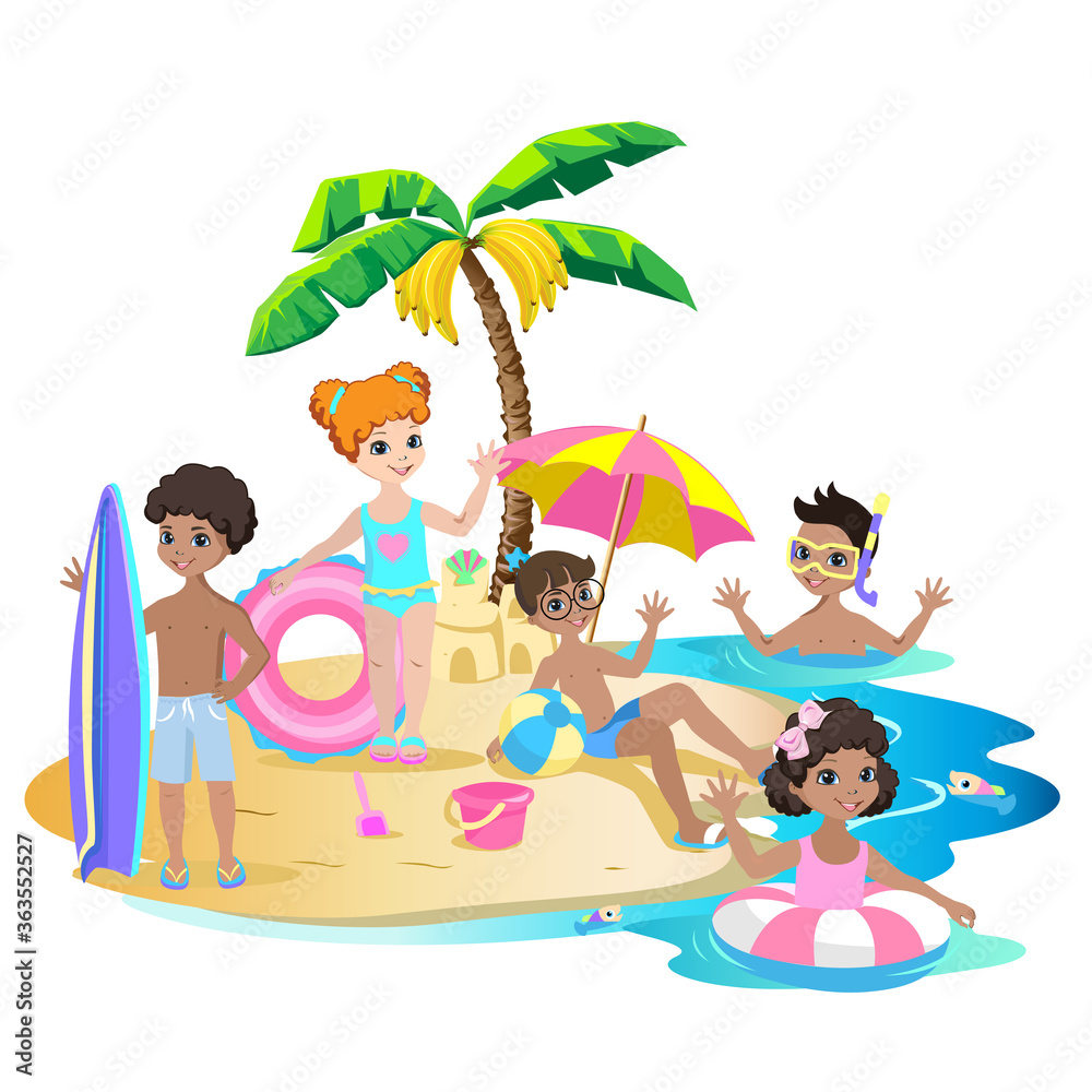 Happy kids play on the beach. Summer vacation by the sea. Children in swimsuits with rubber rings and balls wave handles. Vector illustration.
