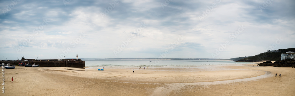 Panorama of St. Ives beach at low tide in Cornwall in England