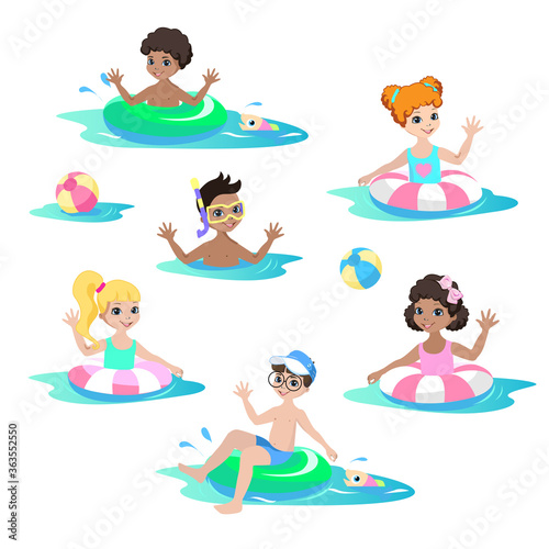 Happy kids play on the beach. Summer vacation by the sea. Children in swimsuits with rubber rings and balls wave handles. Vector illustration.