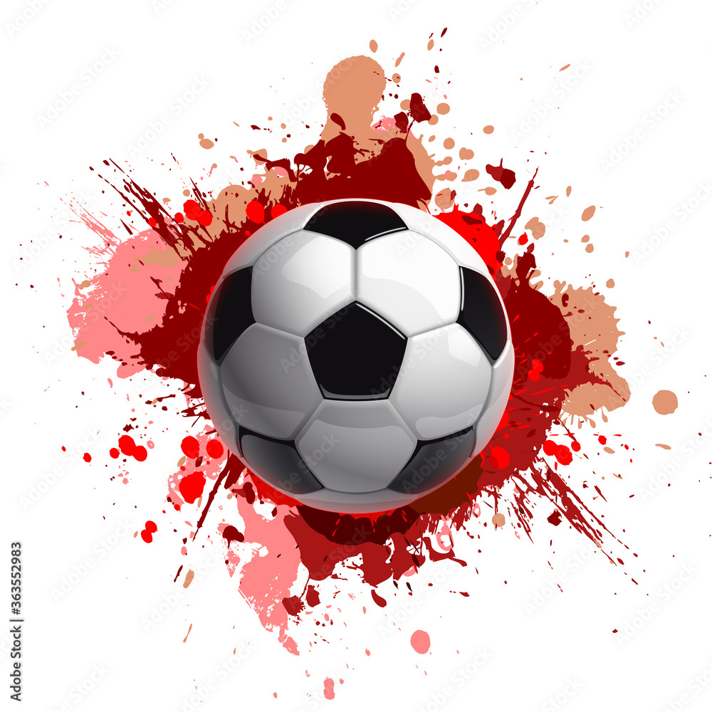 Football championship Design banner. Illustration banner with logo Realistic soccer ball Isolated on white background with red splashes. black and white classic leather football ball