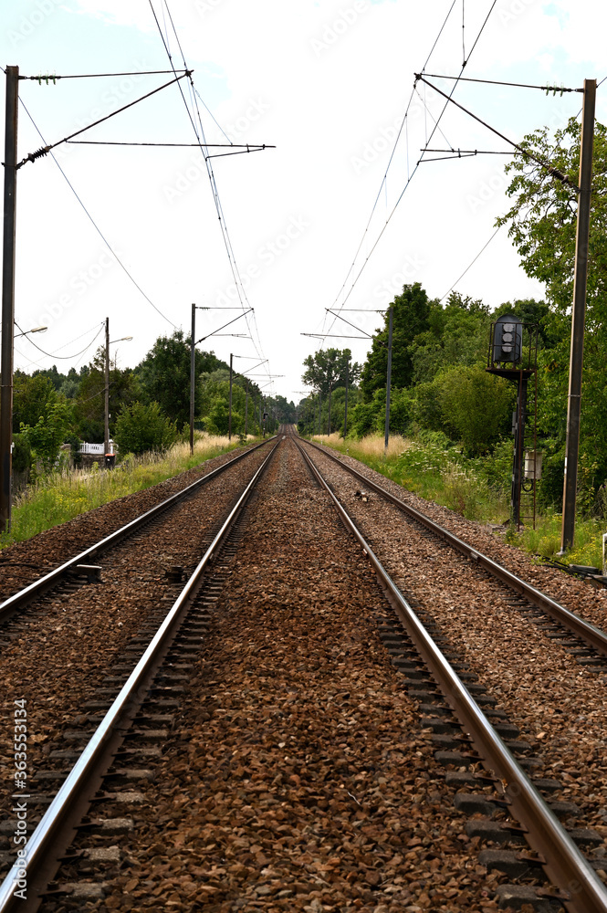 Train tracks in the countryside close to Paris Portrait format