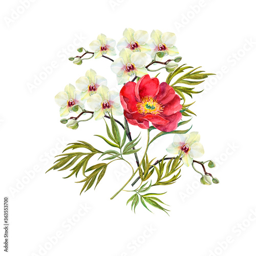 Watercolor bouquet  white orchid with red peony on white background. Floral illustration.