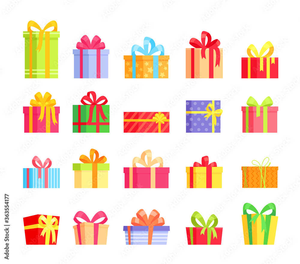 Vector illustration set of colorful wrapped gift boxes, present,  celebration event, surprise, greeting. Cartoon collection in flat style for  Christmas, New Year, Birthday, Valentine day. Stock Vector | Adobe Stock