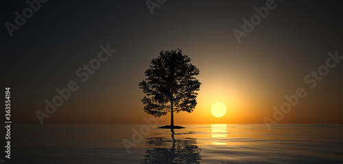 abstract landscape with tree island in the sea in front of sky and sun - 3D Illustration