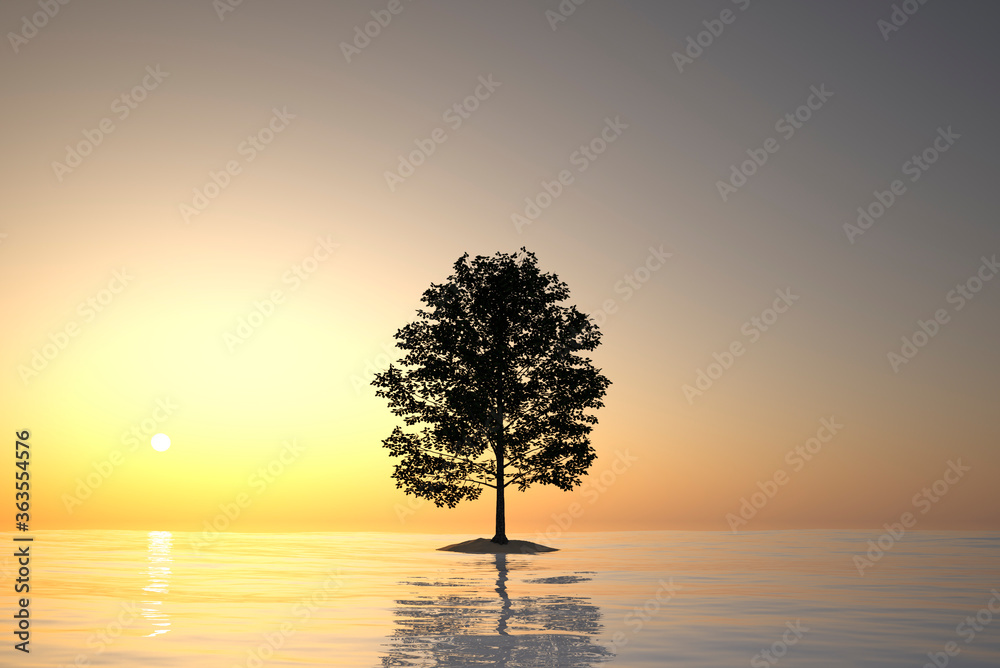 Fototapeta premium abstract landscape with tree island in the sea in front of sky and sun - 3D Illustration