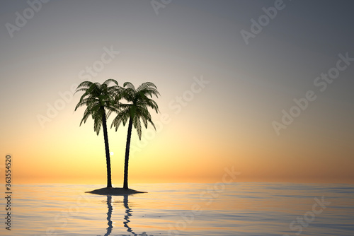 abstract landscape with tree island in the sea in front of sky and sun - 3D Illustration