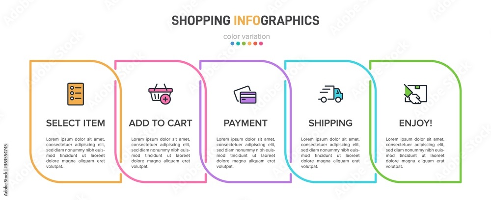 Concept of shopping process with 5 successive steps. Five colorful graphic elements. Timeline design for brochure, presentation, web site. Infographic design layout. Concept of shopping process with 5 successive steps. Five colorful graphic elements. Timeline design for brochure, presentation, web site. Infographic design layout.