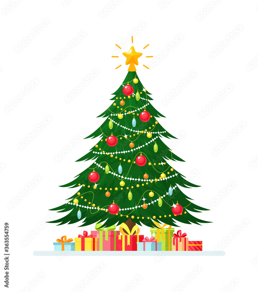 Vector illustration of Christmas tree with gift boxes, light bulb, decoration balls, toys, star, garlands. Merry Christmas and Happy New Year elements in flat style. Holiday background. Christmas card Vector illustration of Christmas tree with gift boxes, light bulb, decoration balls, toys, star, garlands. Merry Christmas and Happy New Year elements in flat style. Holiday background. Christmas card