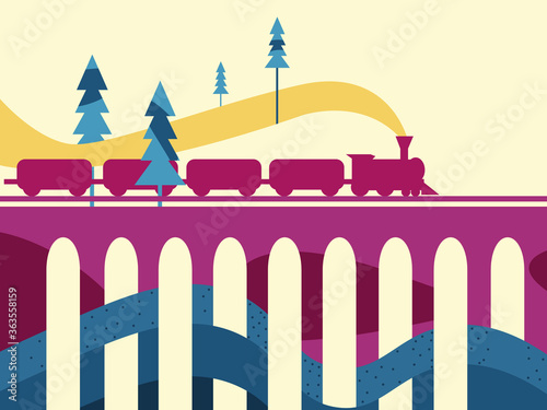 Steam train moves on the old bridge big arch, gradient and carriages, vector graphics